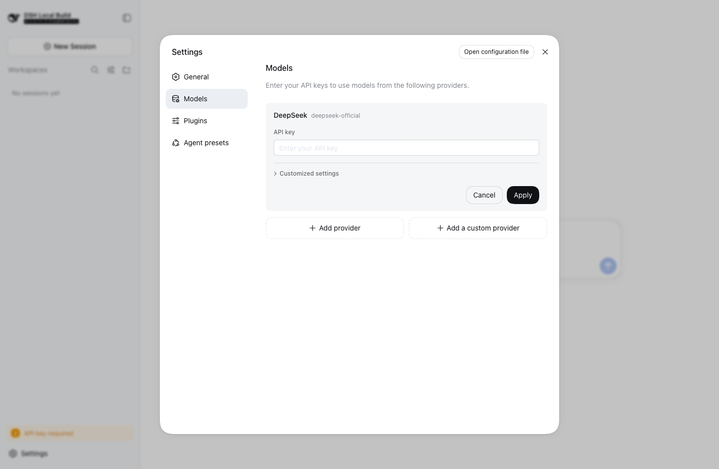 Harness Desktop Models settings with provider configuration controls